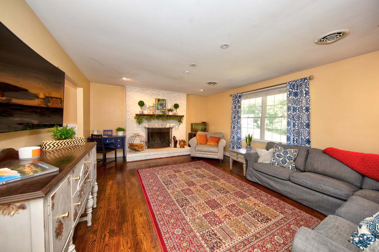 large living room with fireplace